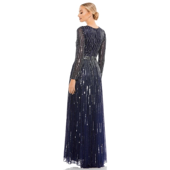 MAC DUGGAL Sequined V-Neck Illusion Sleeve A-Line Gown Blue Dress Womens size 14 - Picture 2 of 8